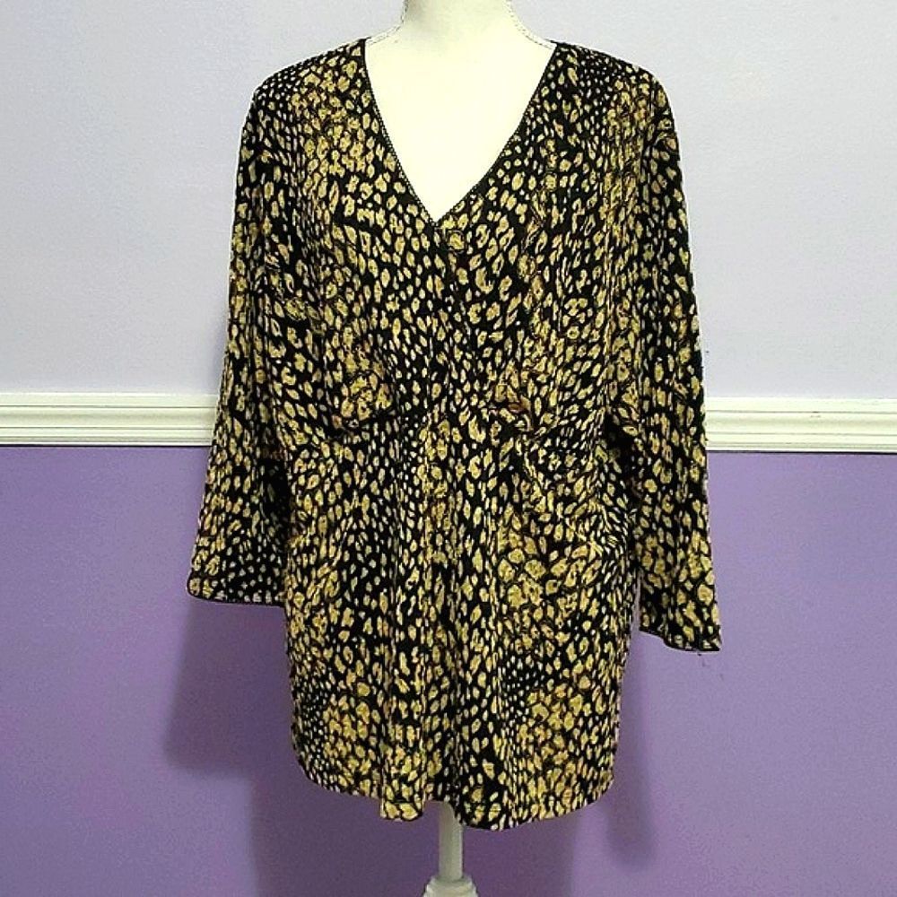 East 5th Woman Black & Tan Spotted Animal Print 3/4 Sleeve Event Top Plus 2X